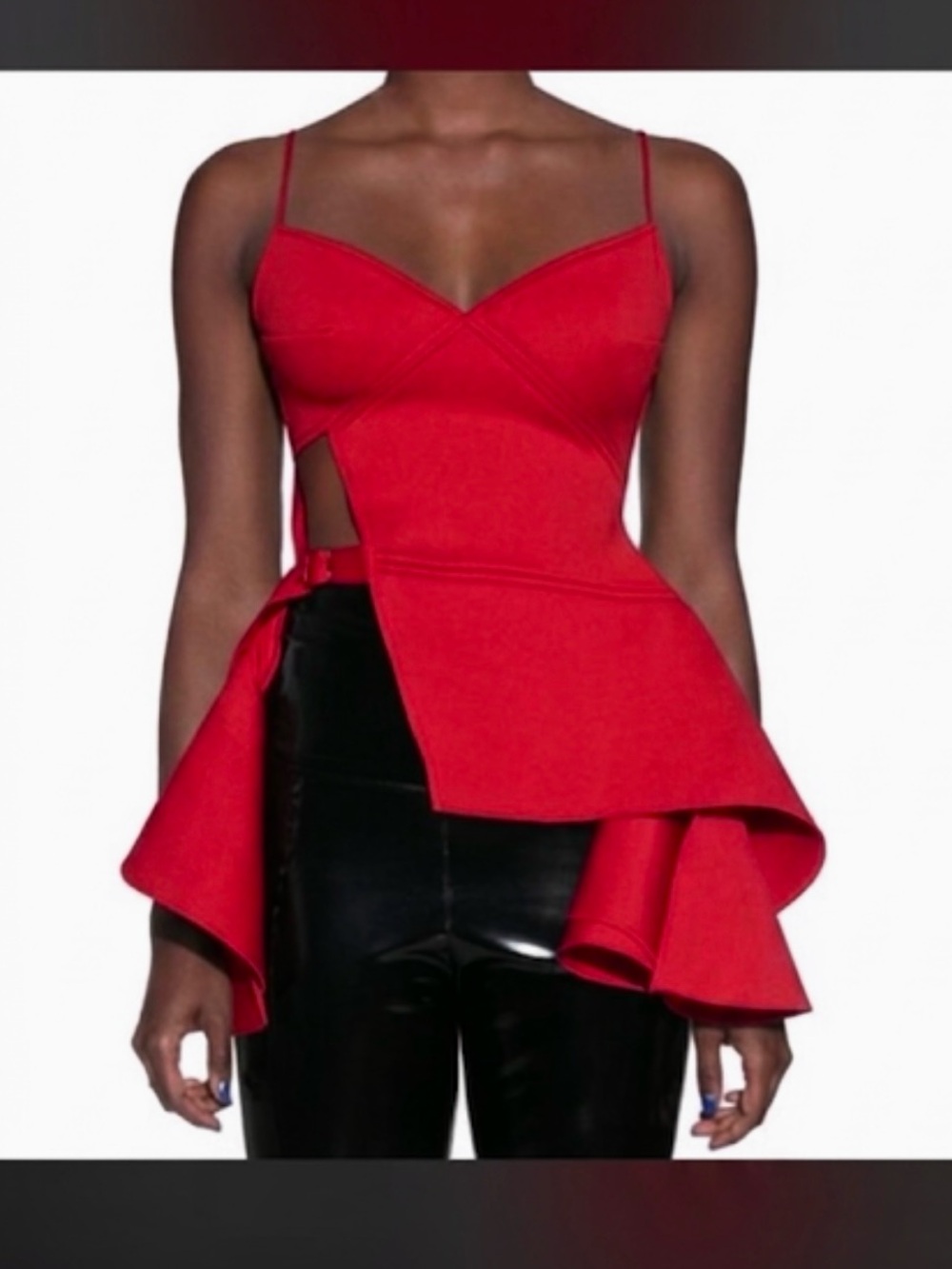 Muehleder Made You Look Sculptural Architectural Ruffle Buckle Top in Ruby Red